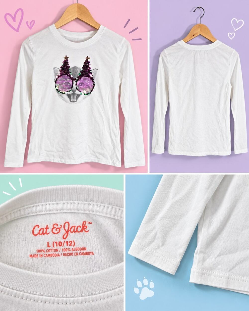 Cat & Jack Girls Youth (L 10/12) White Christmas Cat Flip Sequin T-Shirt